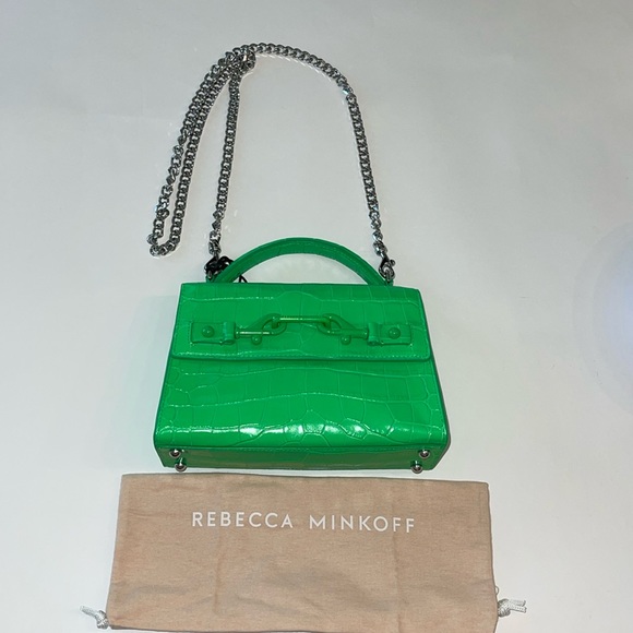 Rebecca Minkoff Croc Embossed Leather Crossbody Bag Neon Green NWT - Picture 7 of 17